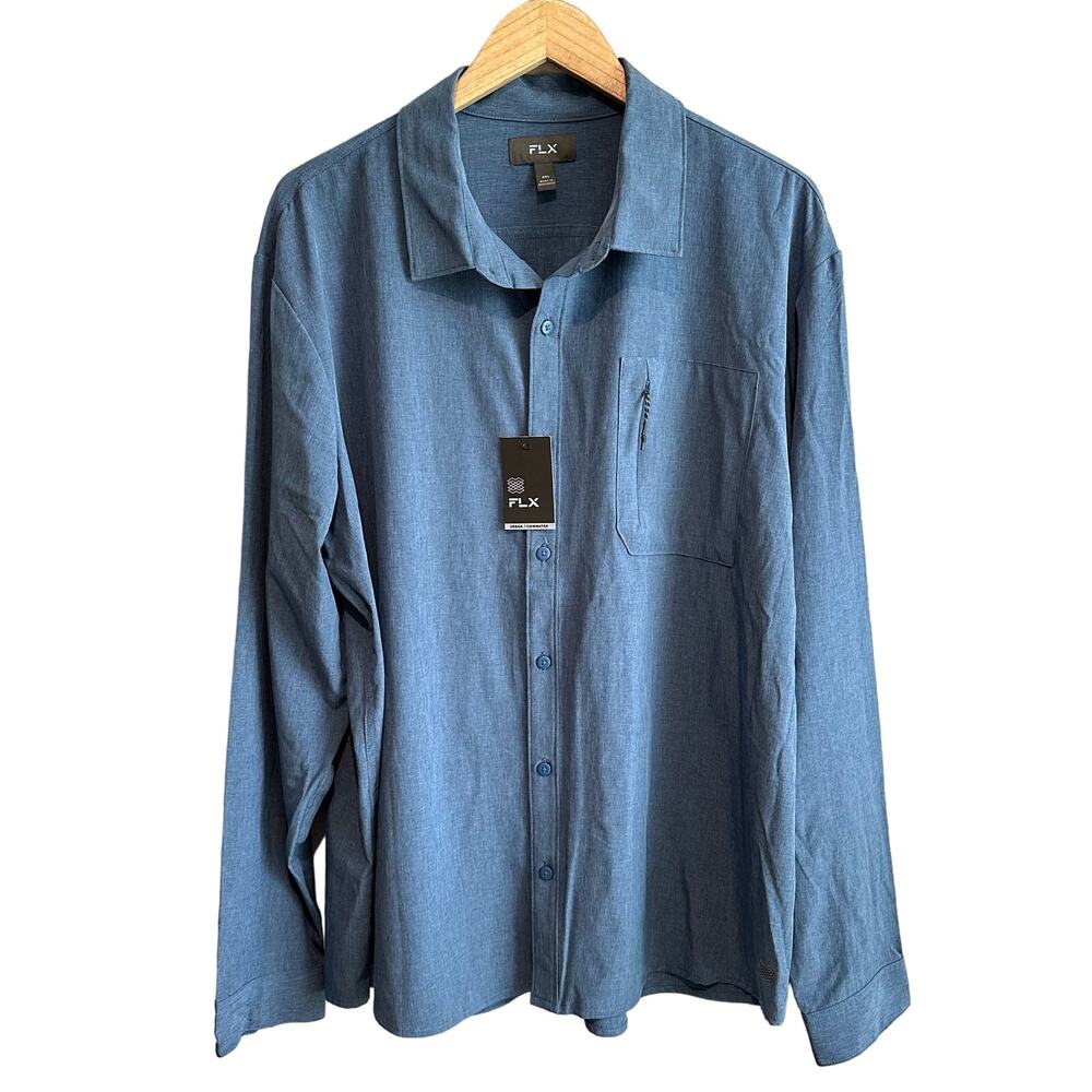 FLX Dynamic Stretch Urban Commuter Long Sleeve Button Up Shirt Blue XXL